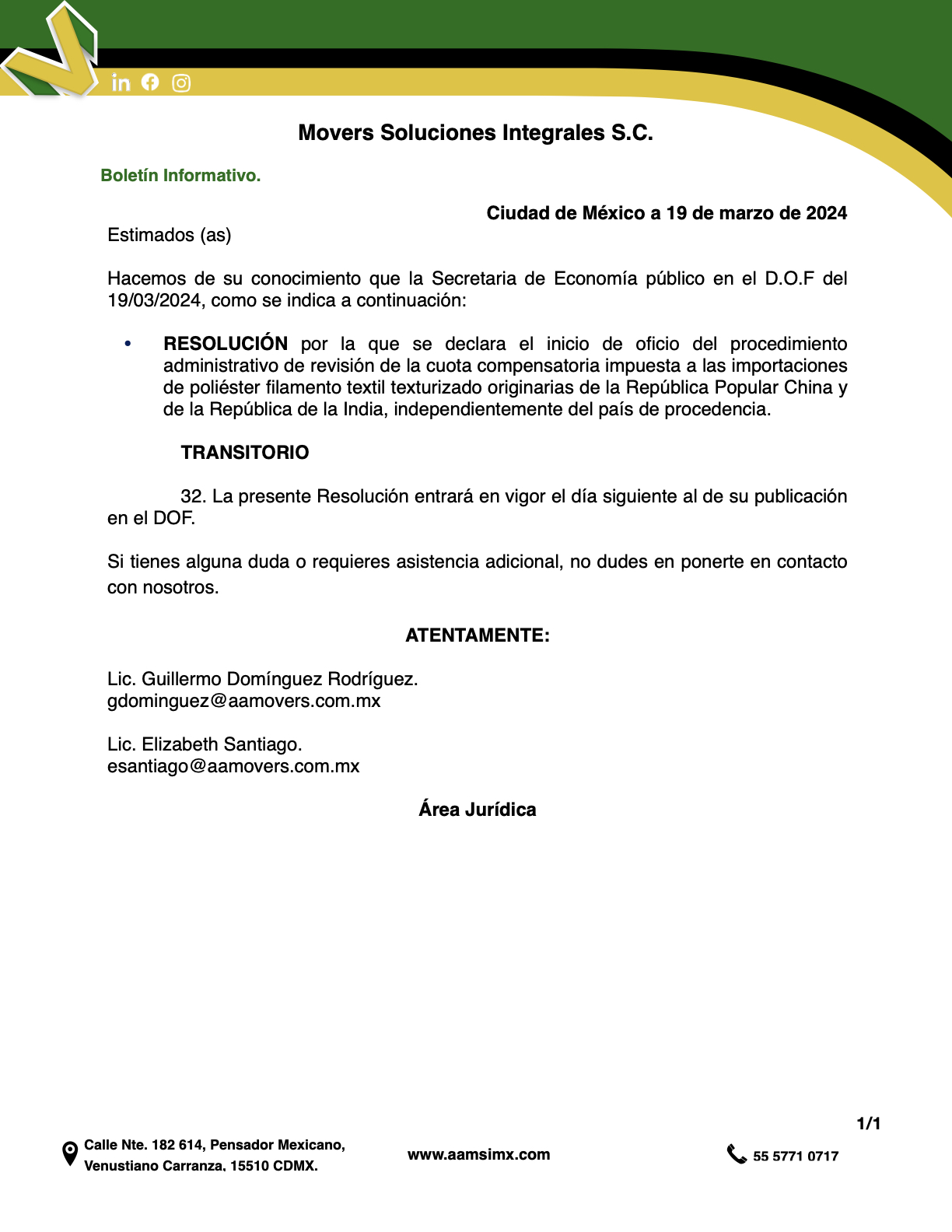 RESOLUCIÓN por la que se declara el inicio de oficio del procedimiento administrativo de revisión de la cuota compensatoria impuesta a las importaciones de poliéster filamento textil texturizado originarias de la República Popular China y de la República de la India, independientemente del país de procedencia.