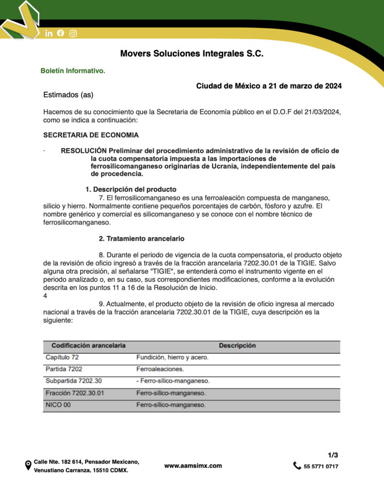 RESOLUCIÓN Preliminar del procedimiento administrativo de la revisión de oficio de la cuota compensatoria impuesta a las importaciones de ferrosilicomanganeso originarias de Ucrania, independientemente del país de procedencia.