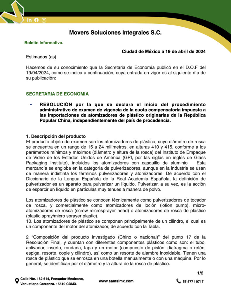 RESOLUCIÓN por la que se declara el inicio del procedimiento administrativo de examen de vigencia de la cuota compensatoria impuesta a las importaciones de atomizadores de plástico originarias de la República Popular China, independientemente del país de procedencia.