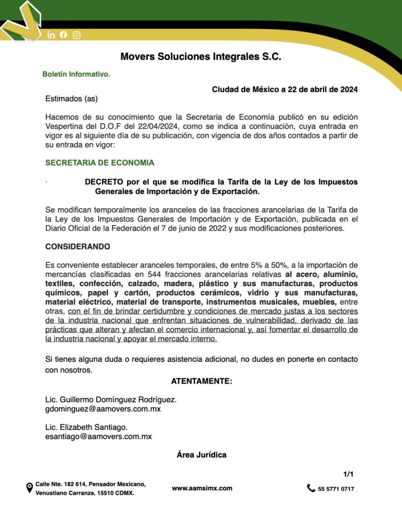 DECRETO por el que se modifica la Tarifa de la Ley de los Impuestos Generales de Importación y de Exportación.