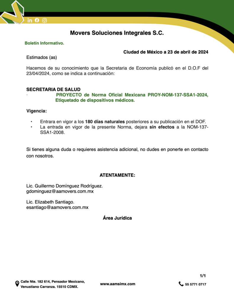 SECRETARIA DE SALUD: PROYECTO de Norma Oficial Mexicana PROY-NOM-137-SSA1-2024, Etiquetado de dispositivos médicos.