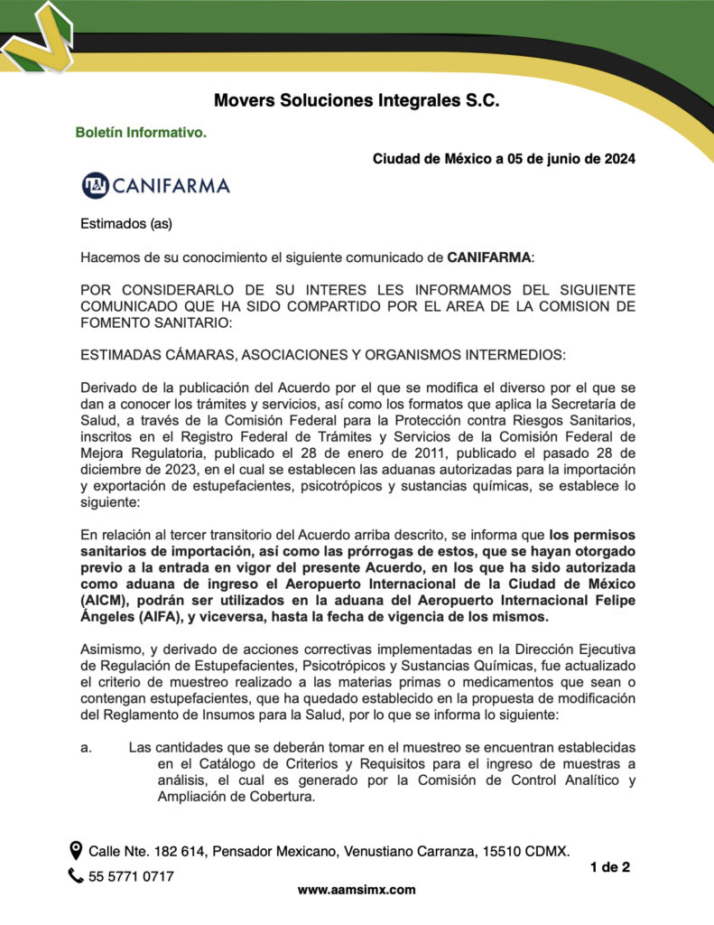 En relación al tercer transitorio del Acuerdo arriba descrito, se informa que los permisos sanitarios de importación, así como las prórrogas de estos, que se hayan otorgado previo a la entrada en vigor del presente Acuerdo, en los que ha sido autorizada como aduana de ingreso el Aeropuerto Internacional de la Ciudad de México (AICM), podrán ser utilizados en la aduana del Aeropuerto Internacional Felipe Ángeles (AIFA), y viceversa, hasta la fecha de vigencia de los mismos.