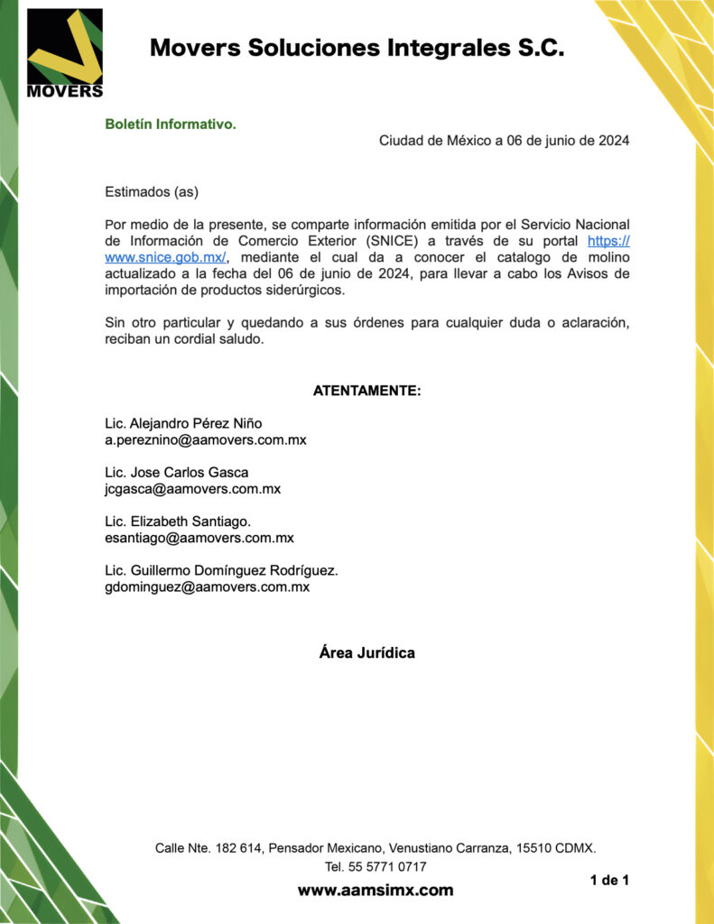 Catalogo de molino actualizado a la fecha del 06 de junio de 2024, para llevar a cabo los Avisos de importación de productos siderúrgicos.