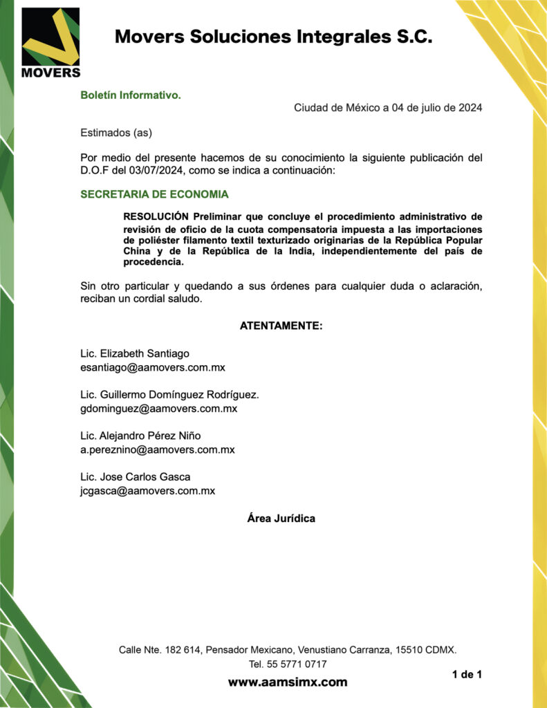 RESOLUCIÓN Preliminar que concluye el procedimiento administrativo de revisión de oficio de la cuota compensatoria impuesta a las importaciones de poliéster filamento textil texturizado originarias de la República Popular China y de la República de la India, independientemente del país de procedencia.