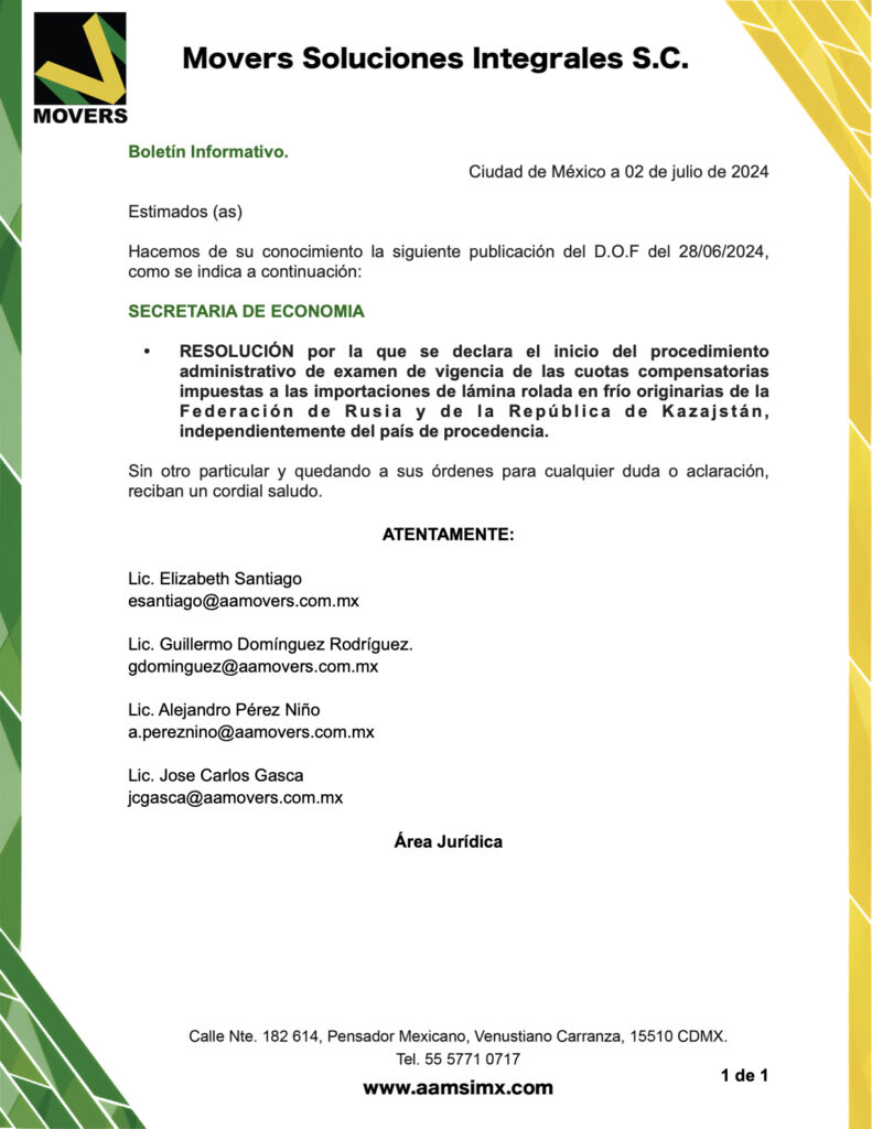 RESOLUCIÓN por la que se declara el inicio del procedimiento administrativo de examen de vigencia de las cuotas compensatorias impuestas a las importaciones de lámina rolada en frío originarias de la Federación de Rusia y de la República de Kazajstán, independientemente del país de procedencia.