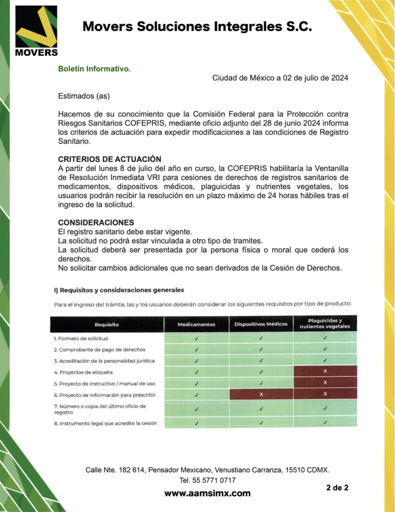 Hacemos de su conocimiento que la Comisión Federal para la Protección contra Riesgos Sanitarios COFEPRIS, mediante oficio adjunto del 28 de junio 2024 informa los criterios de actuación para expedir modificaciones a las condiciones de Registro Sanitario.