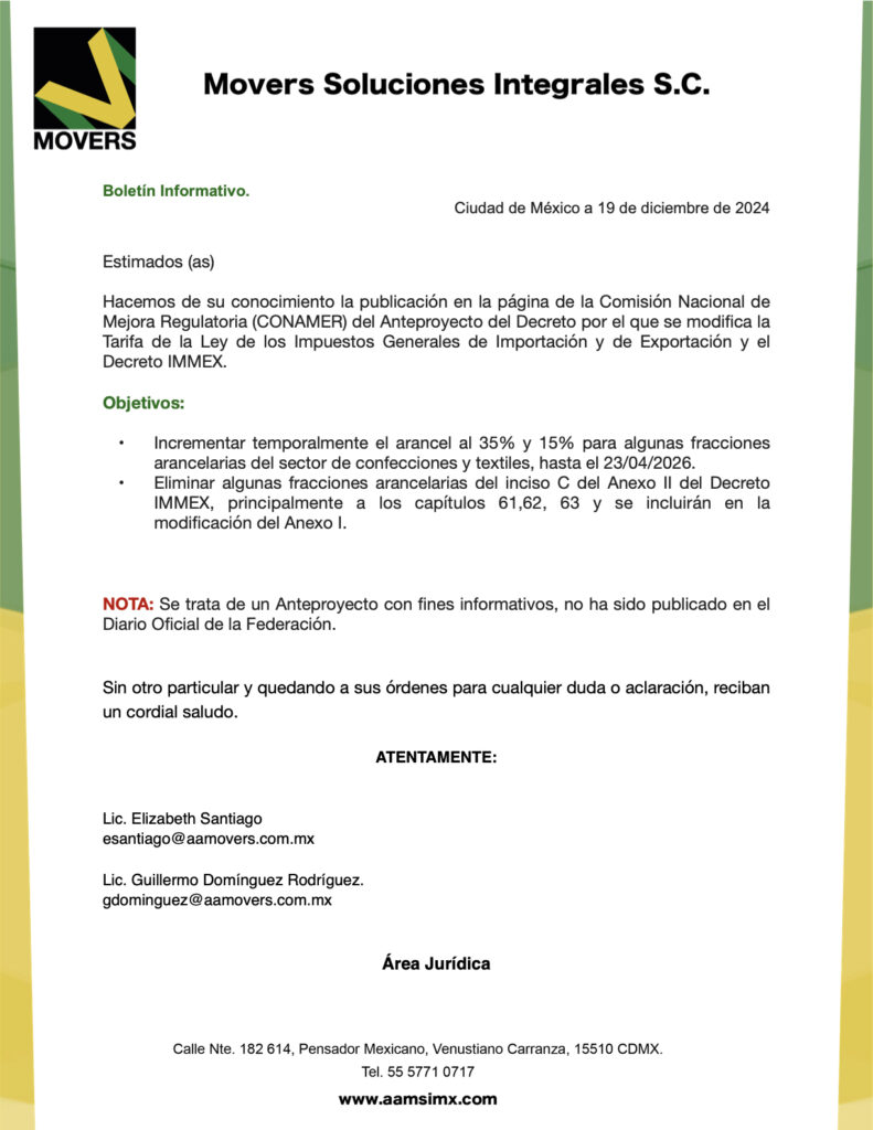Modificación arancelaria LIGIE y Decreto IMMEX 2024