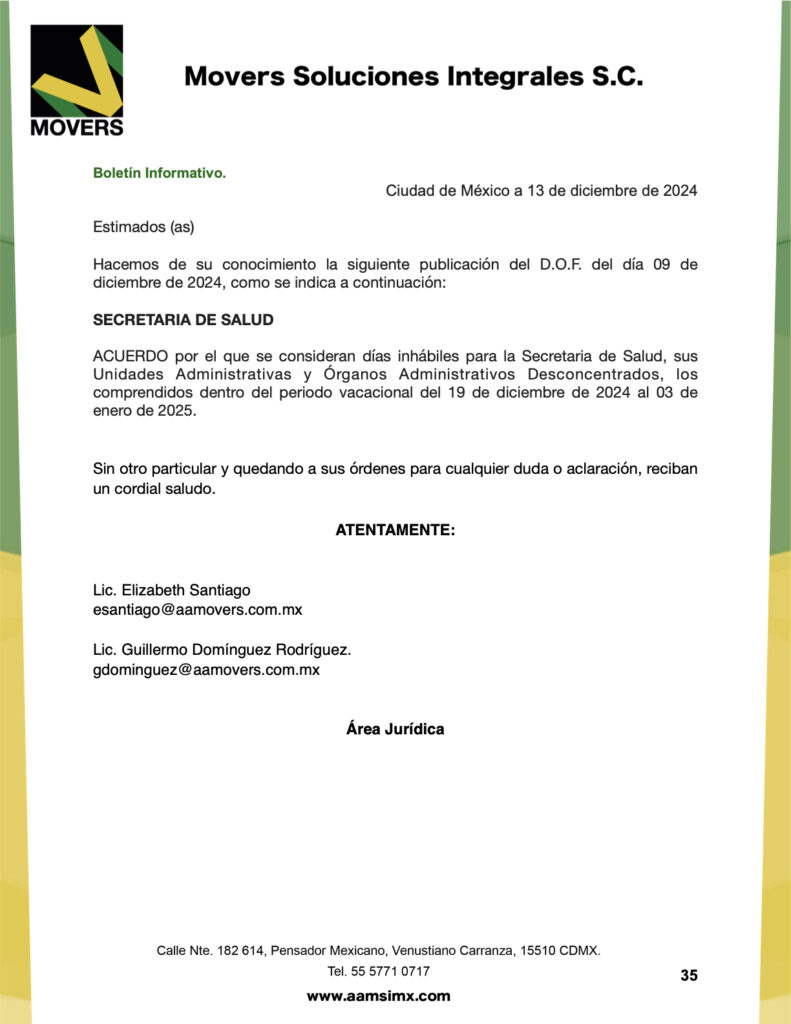 Días inhábiles Secretaría de Salud 2024-2025