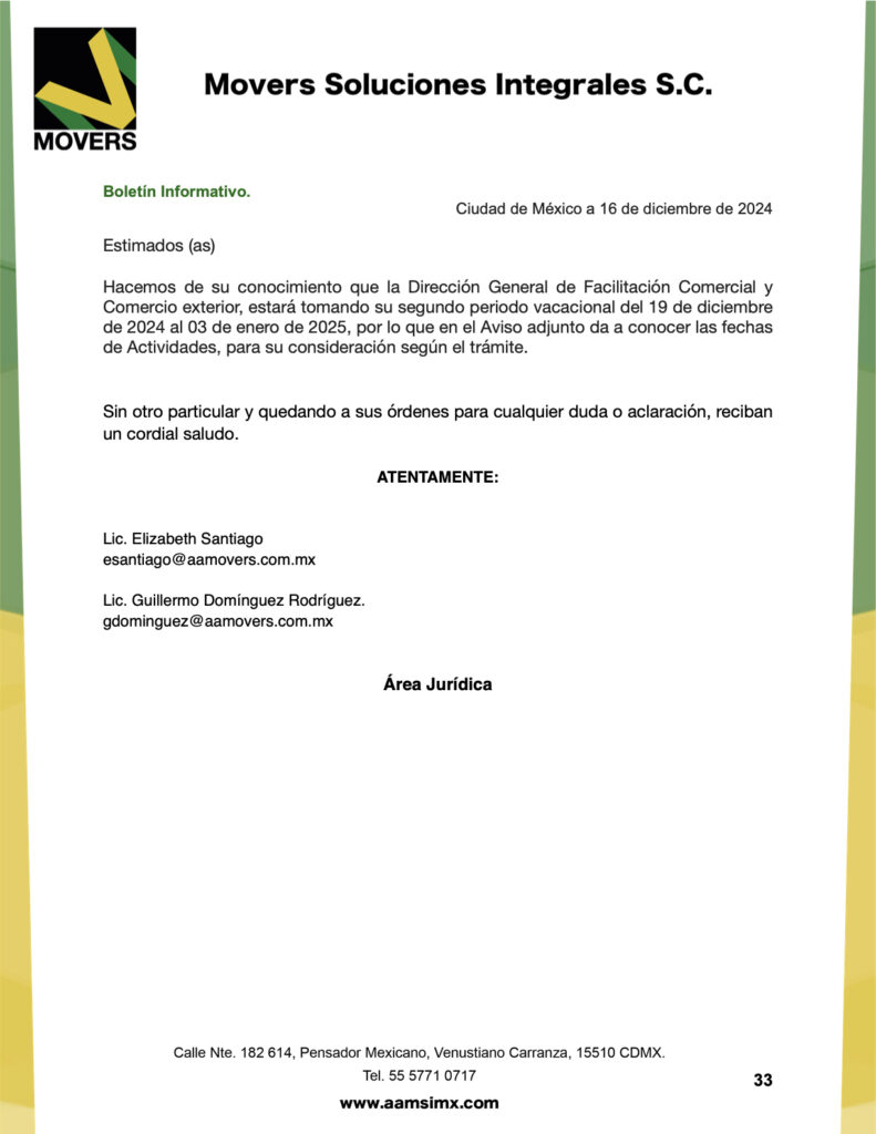 Vacaciones Dirección de Facilitación Comercial 2024-2025