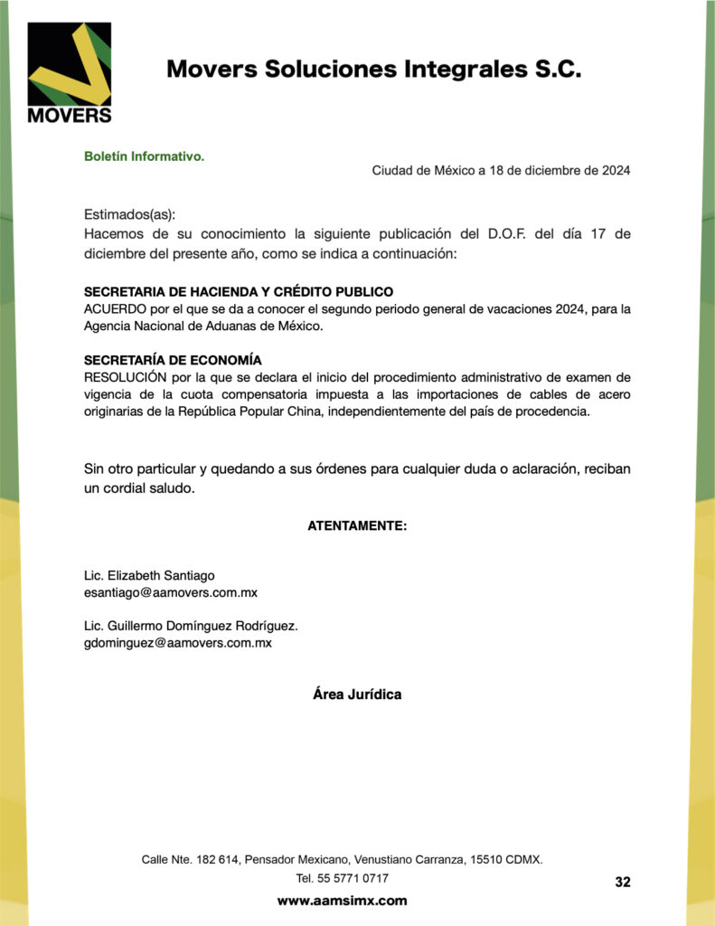 Vacaciones ANAM 2024 y examen de cuota compensatoria cables de acero