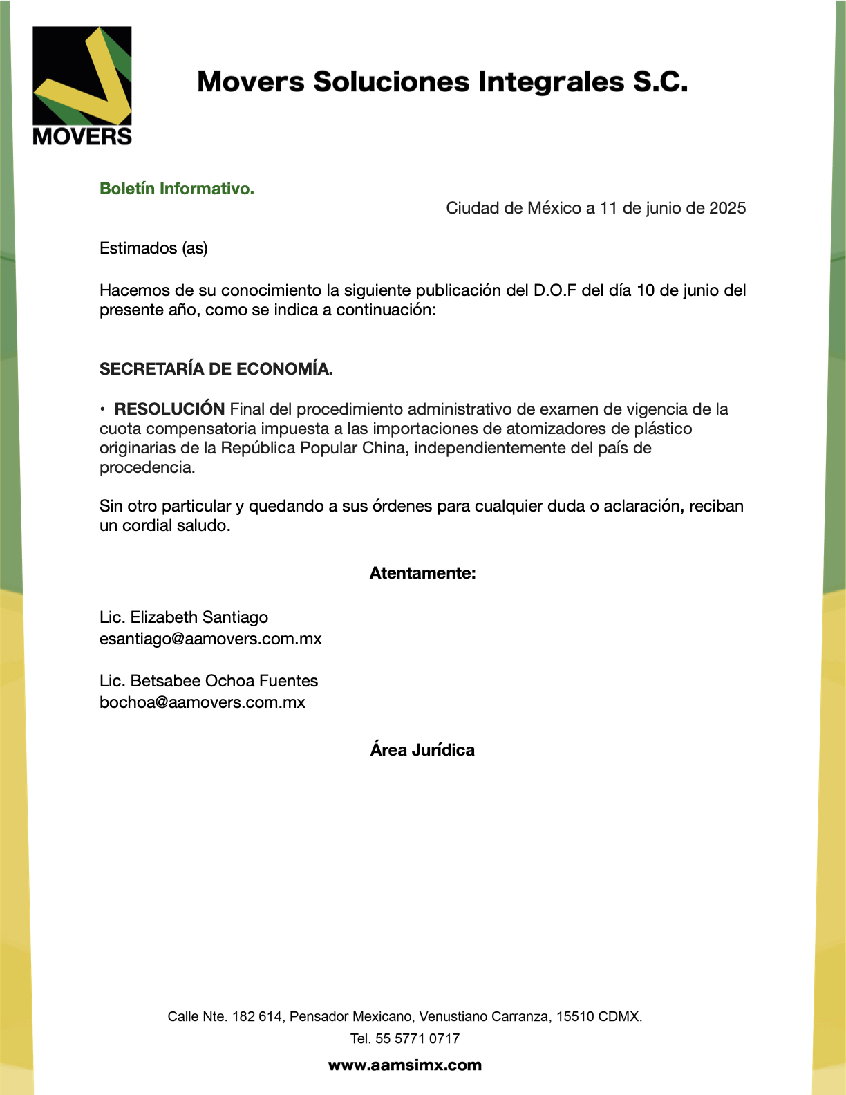 Conozca la Resolución Final del examen de vigencia de la cuota compensatoria para atomizadores de plástico de China, publicada en el DOF el 10 de junio de 2025.