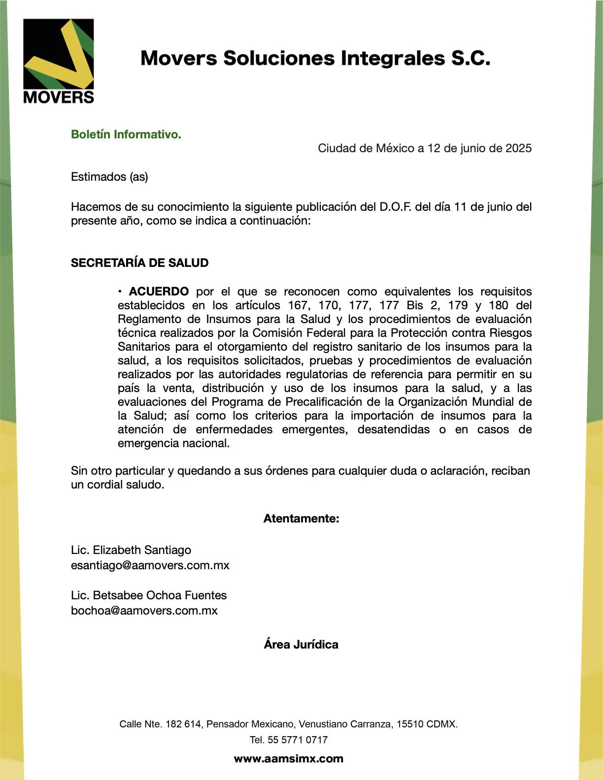 DOF 11 de junio de 2025: Acuerdo de equivalencia de registros sanitarios de insumos para la salud entre COFEPRIS, OMS y autoridades internacionales.