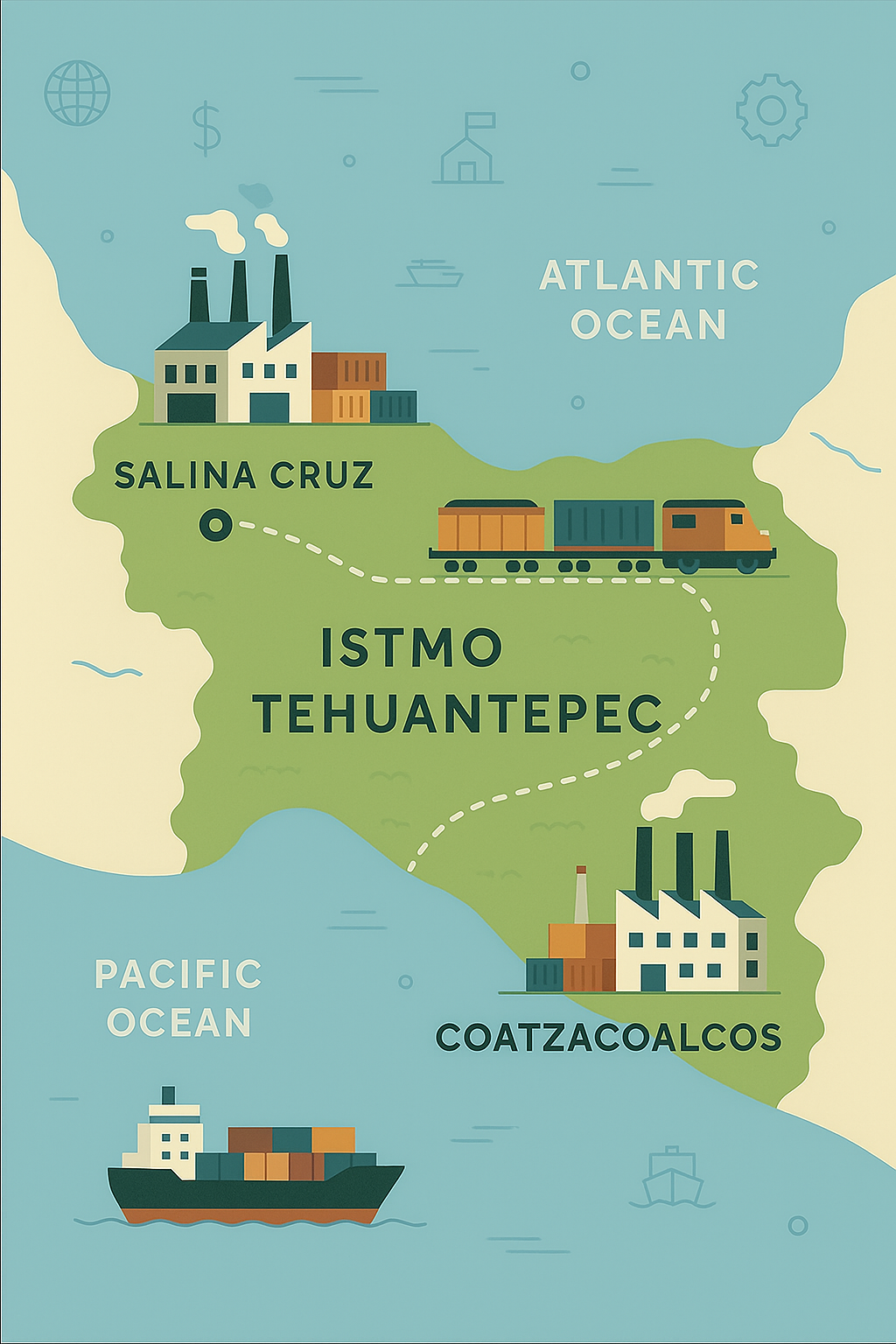 Mapa del Corredor Interoceánico del Istmo de Tehuantepec mostrando su conexión logística entre el Pacífico y el Atlántico.