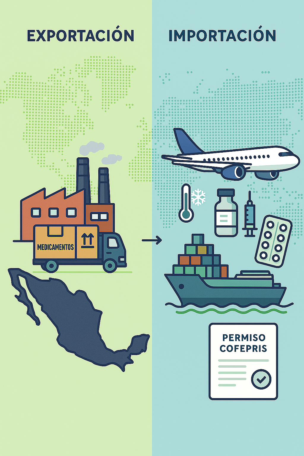 Ilustración del comercio farmacéutico de México: exportaciones de medicamentos e importación de insumos médicos en 2025