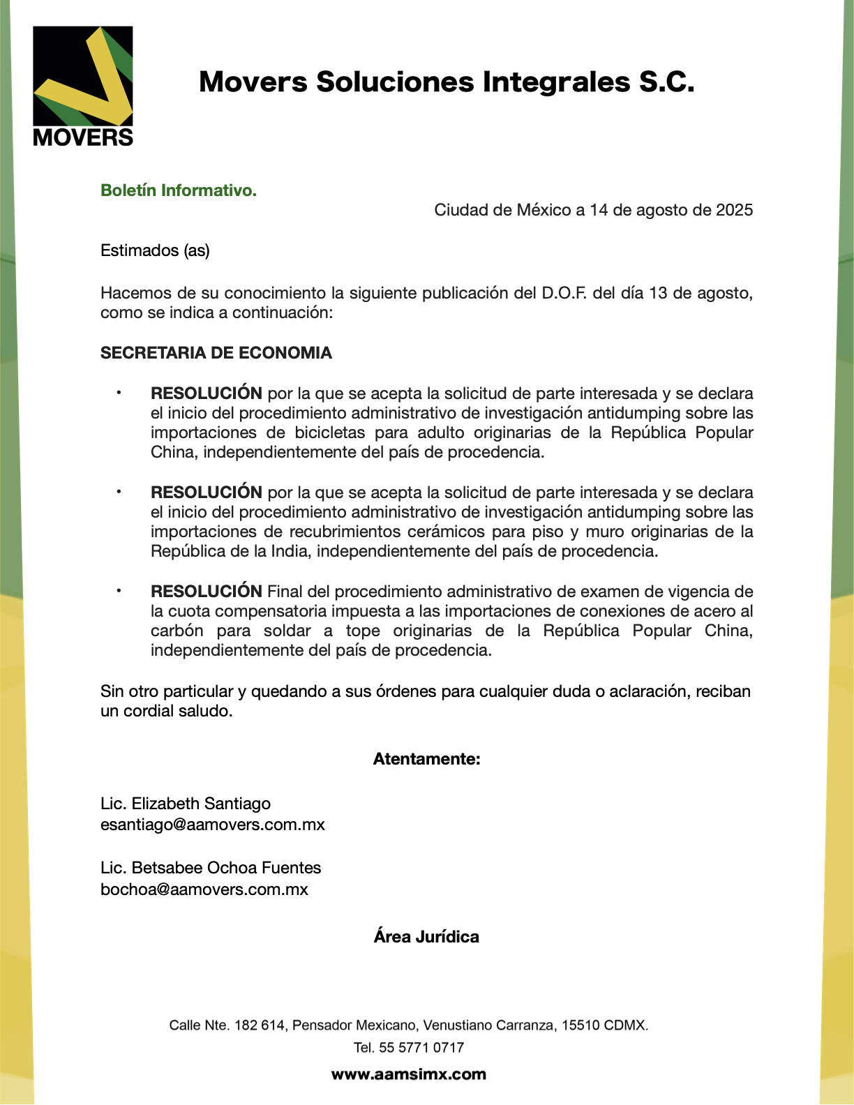 DOF 13/08/2025: antidumping a bicicletas de China y cerámicos de India; resolución final en conexiones de acero.
