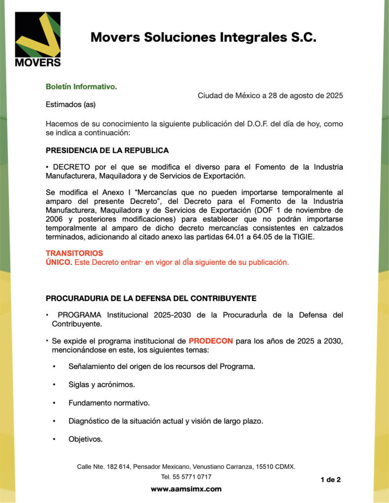 modificación decreto IMMEX calzado temporal PRODECON 2025-2030