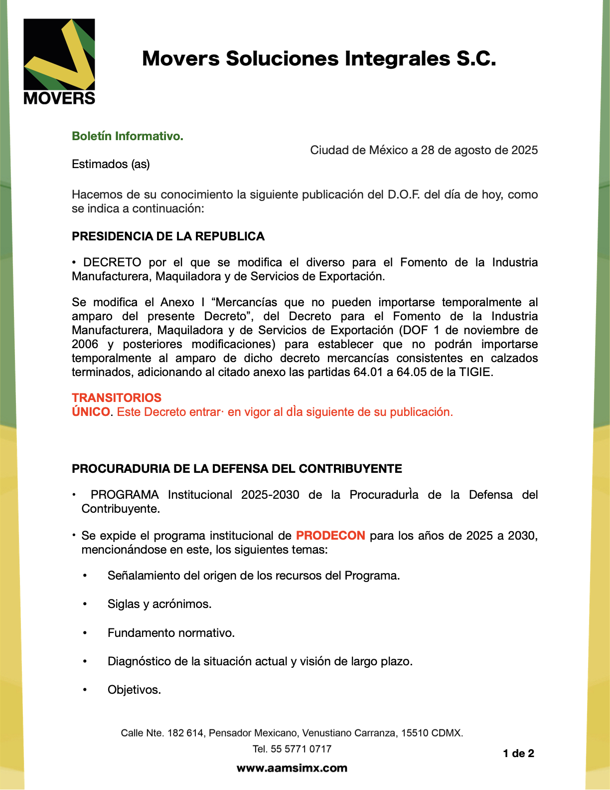 modificación decreto IMMEX calzado temporal PRODECON 2025-2030