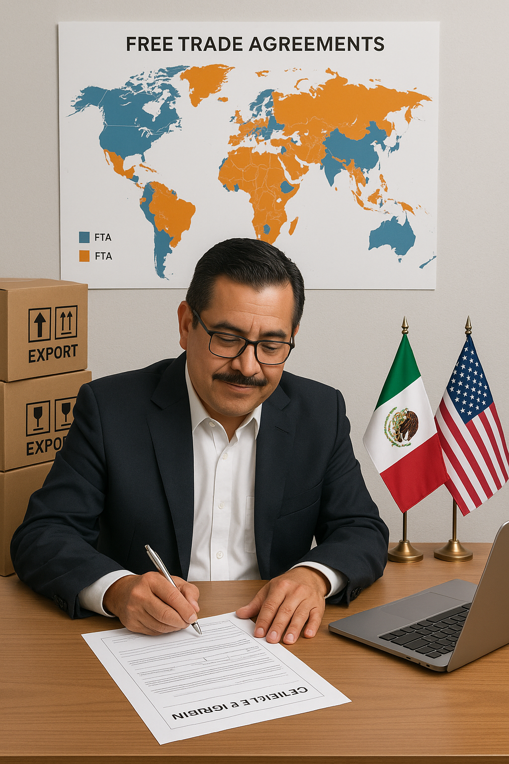 Certificado de origen siendo firmado por un exportador en México en 2025, clave para exportaciones con beneficios arancelarios.