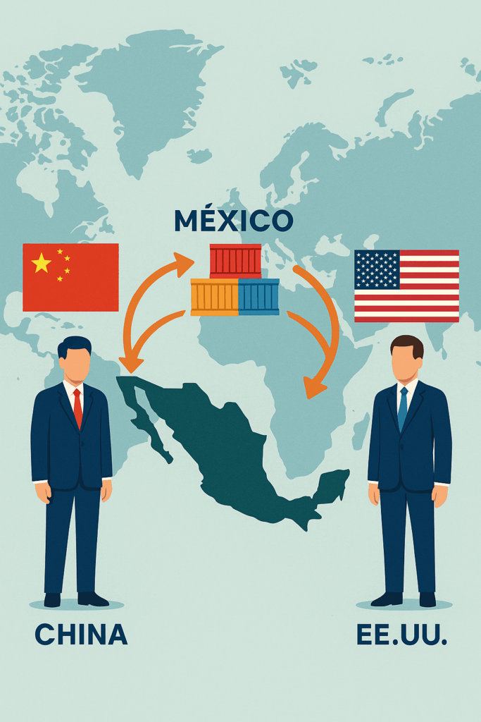 Ilustración sobre el impacto del conflicto China–EE.UU. en el comercio exterior mexicano en 2025