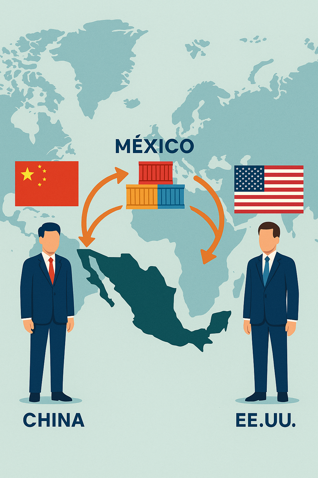 Ilustración sobre el impacto del conflicto China–EE.UU. en el comercio exterior mexicano en 2025