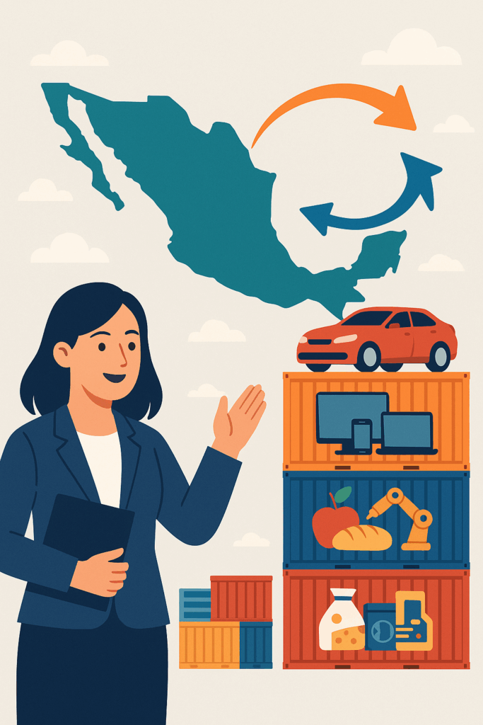 Productos líderes en exportación e importación en México en 2025 representados gráficamente en un mapa con íconos logísticos.