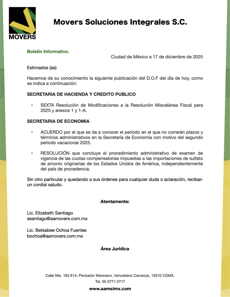 Sexta Modificación RMF 2025 + Periodo Vacacional SE + Conclusión Cuotas Sulfato Amonio