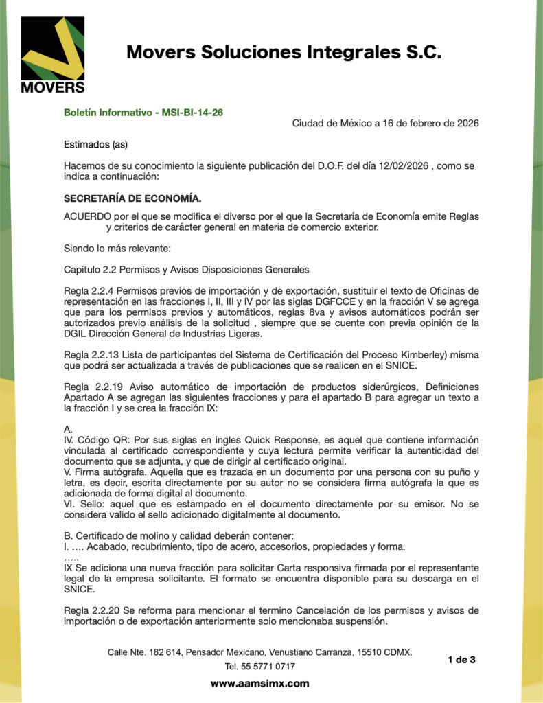 modificaciones reglas comercio exterior SE febrero 2026