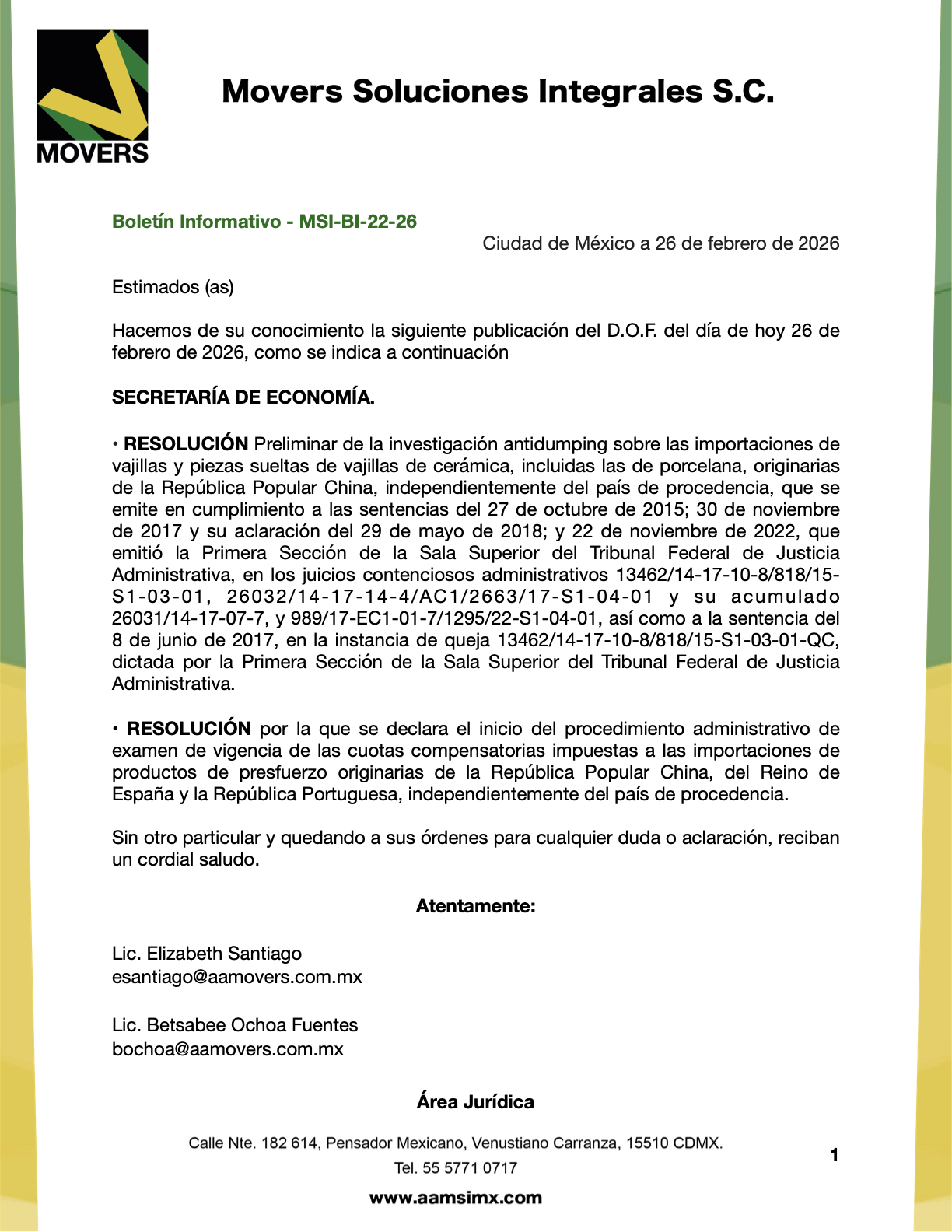 DOF 26/02/26: Resolución preliminar vajillas China y examen productos de presfuerzo