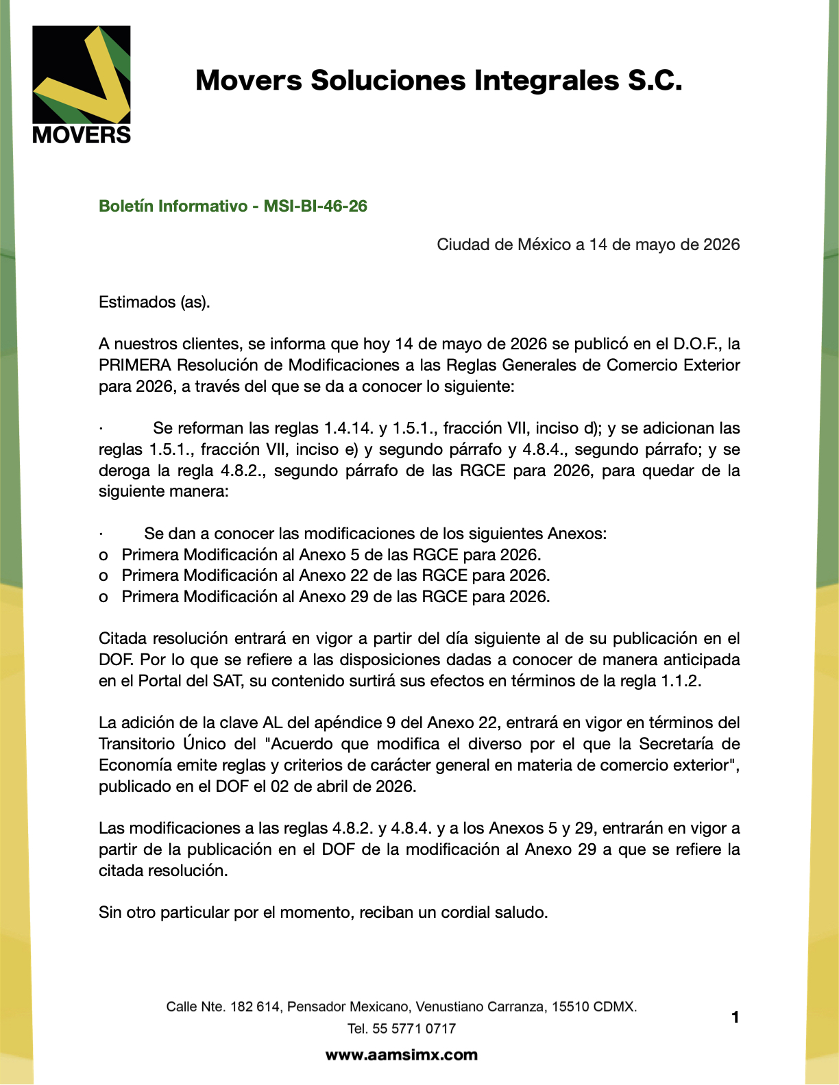 Primera Resolución de Modificaciones a las RGCE 2026