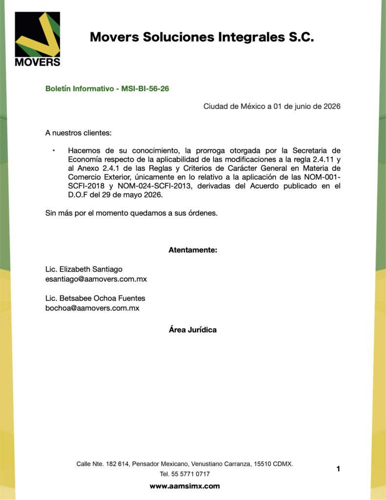 prórroga NOM celulares SE julio 2026