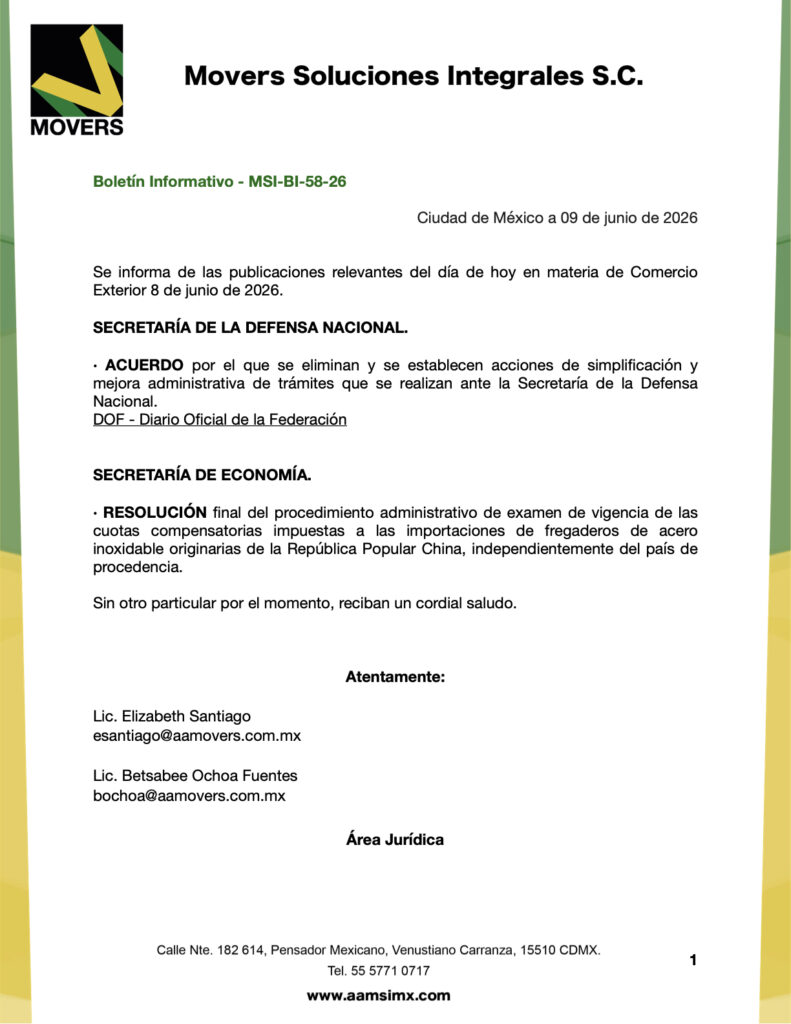 DOF 08/06/26: Simplificación de trámites SEDENA y examen de vigencia cuota fregaderos acero inoxidable China