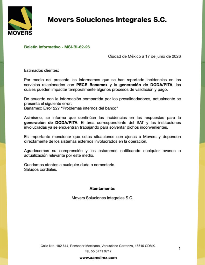 Incidencias PECE Banamex (Error 227) y DODA/PITA – SAT trabaja en solución