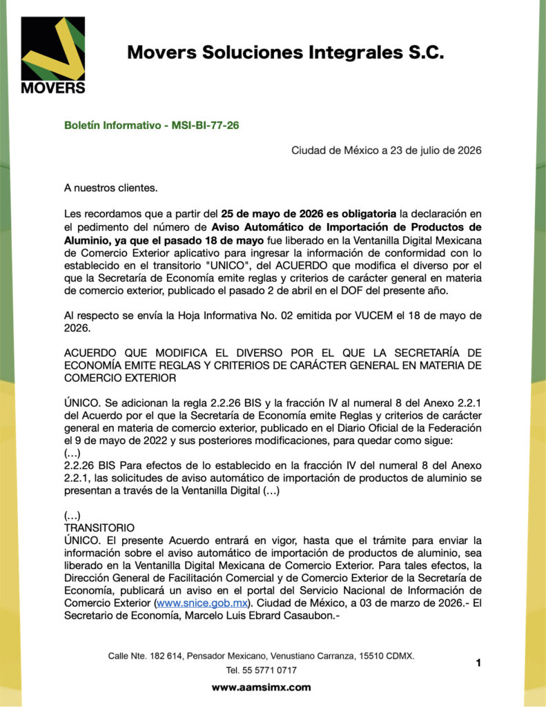 aviso automático importación aluminio 2026