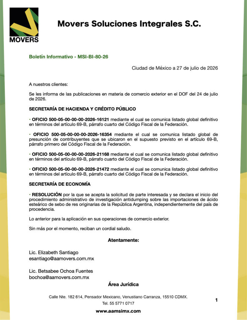 Boletín comercio exterior DOF 24 julio 2026 | SHCP y Economía