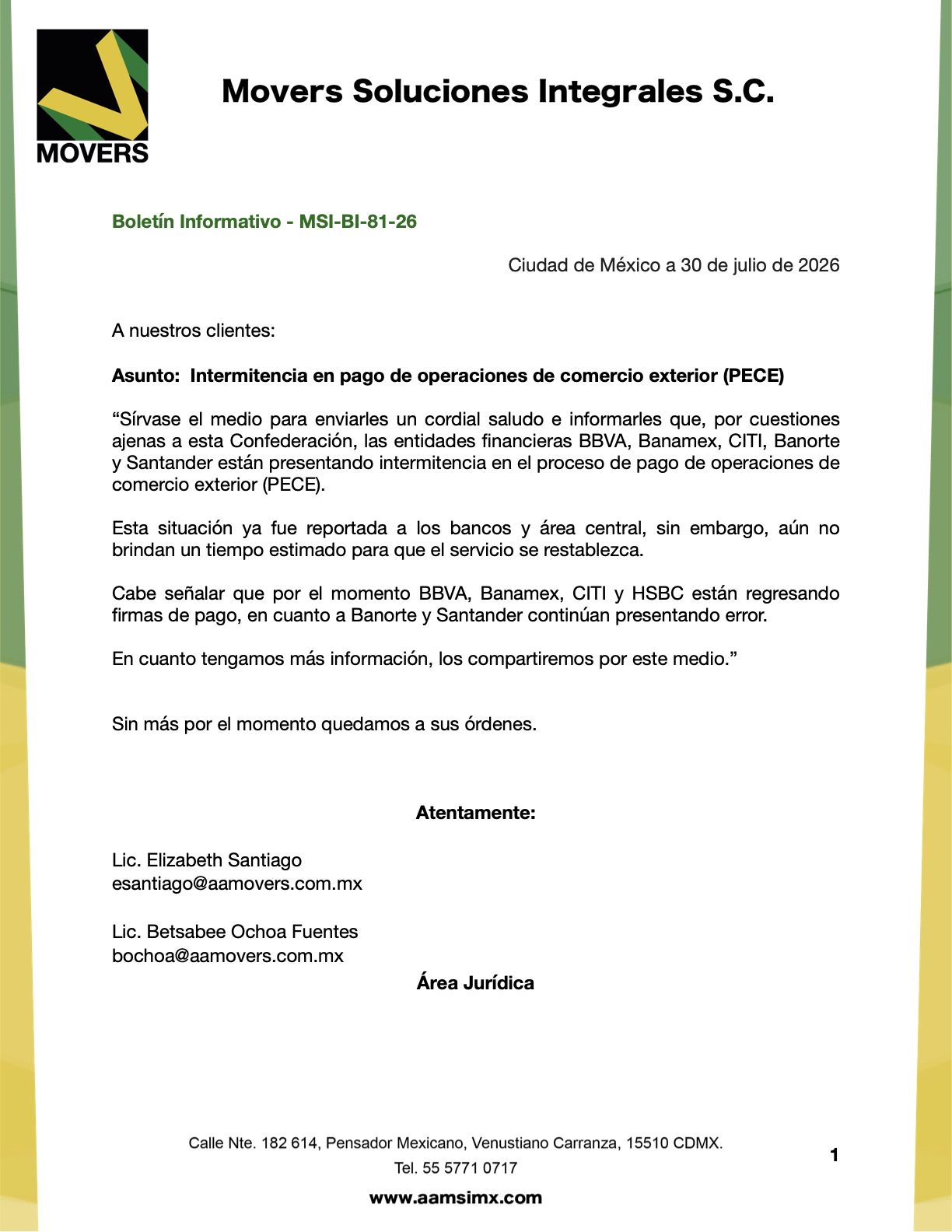 Intermitencia en PECE julio 2026 | BBVA, Banamex, Banorte, Santander