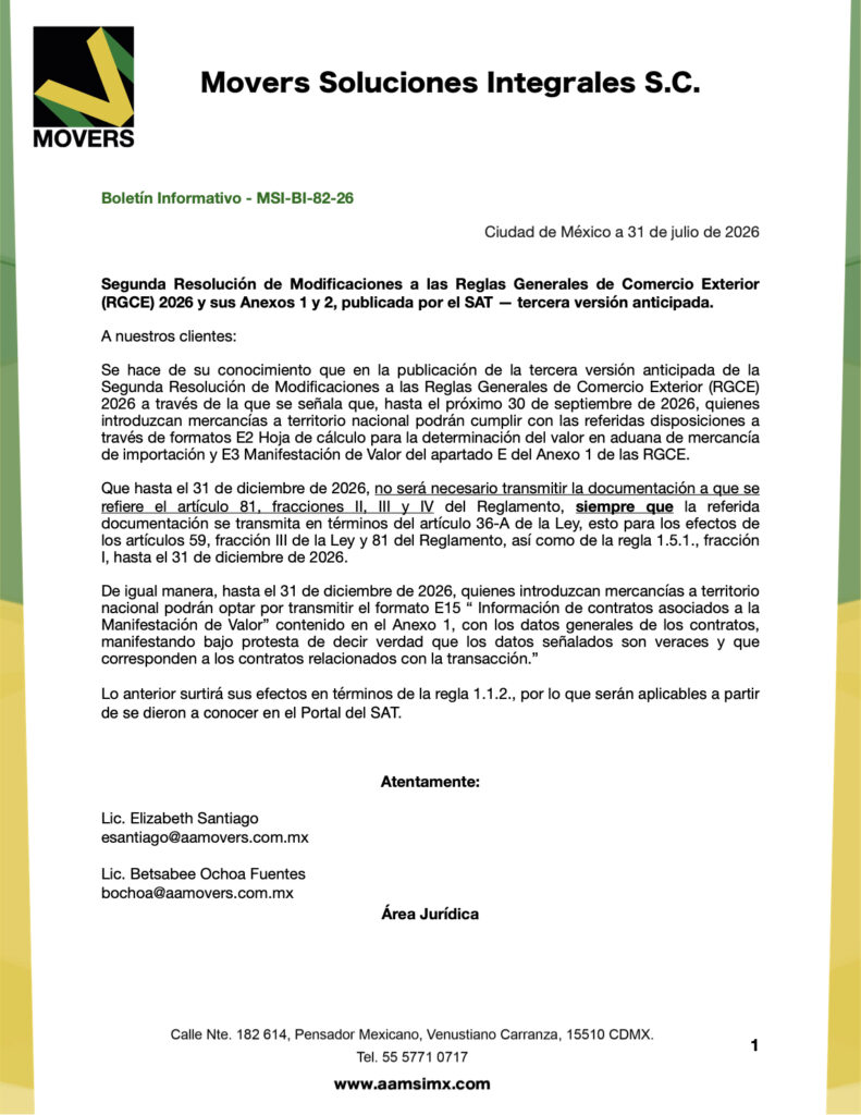segunda resolución modificaciones RGCE 2026 plazos formatos E2 E3 E15 SAT
