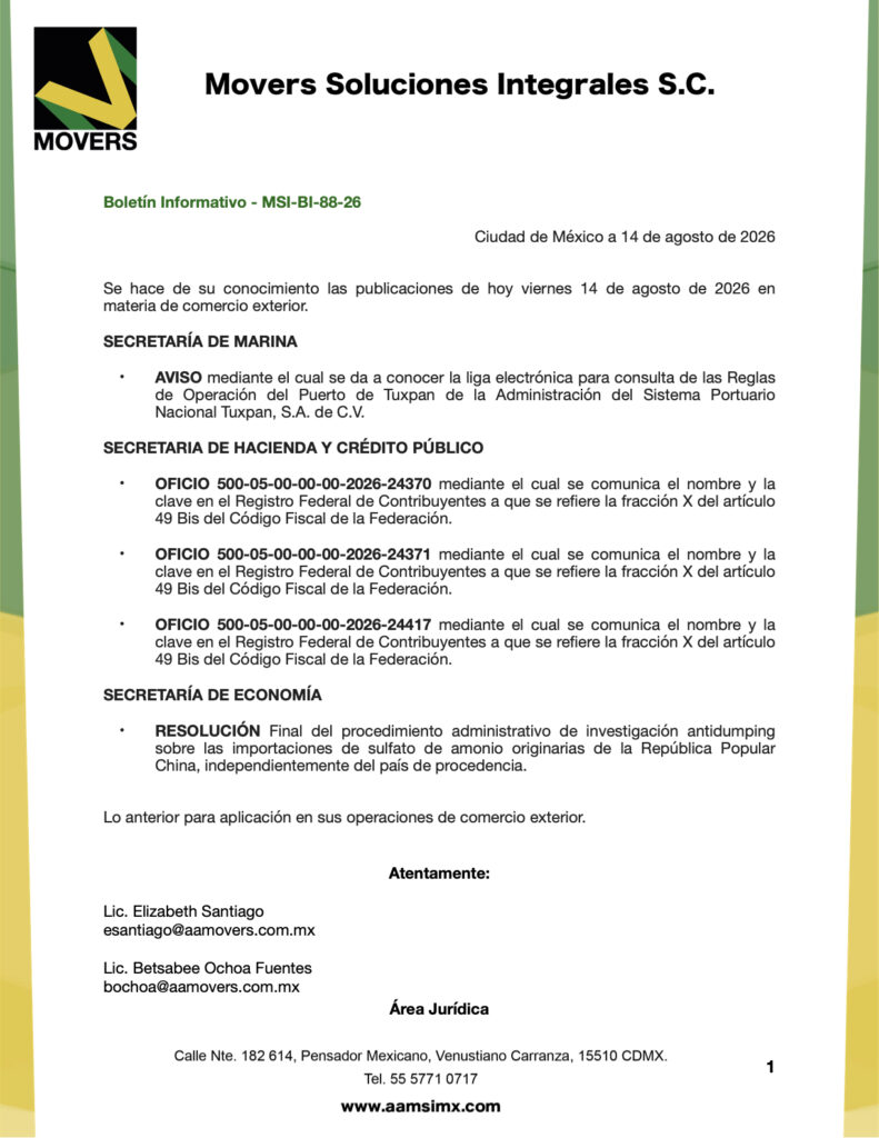 DOF 14 agosto 2026: Puertos, RFC y antidumping | Comercio exterior