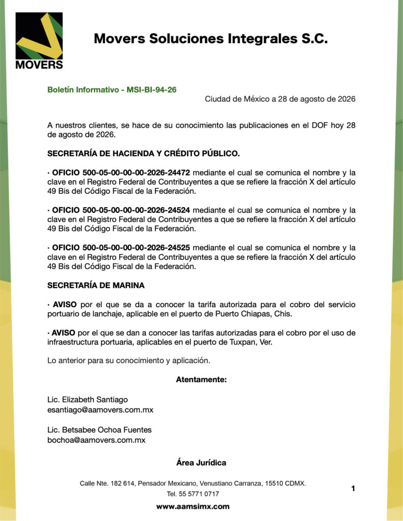 DOF 28 agosto 2026: RFC 49 Bis y tarifas portuarias