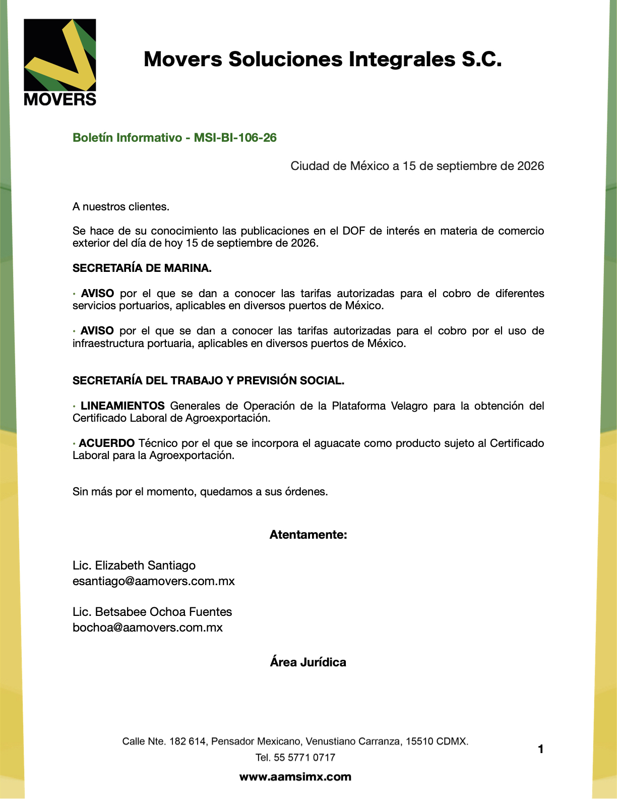 DOF 15 septiembre: Tarifas portuarias y VELAGRO