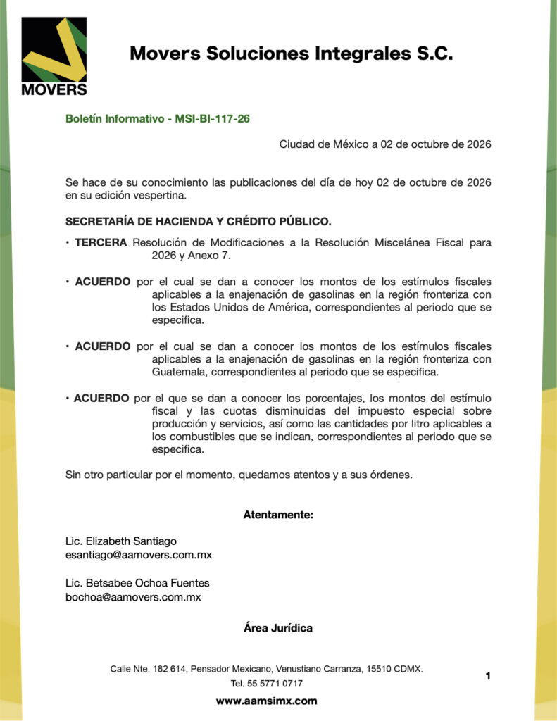 DOF 2 octubre: RMF 2026, aguacate y estímulos