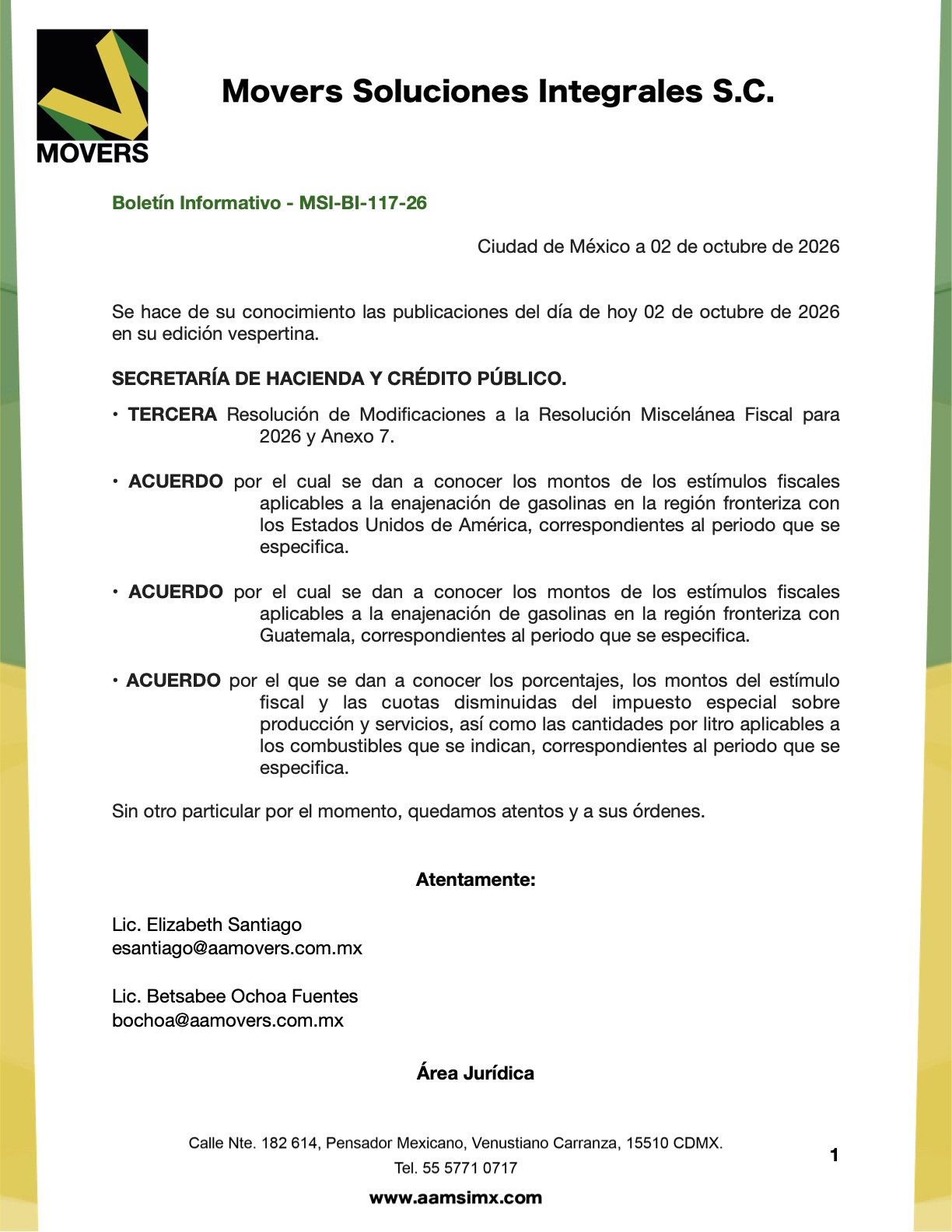 DOF 2 octubre: RMF 2026, aguacate y estímulos